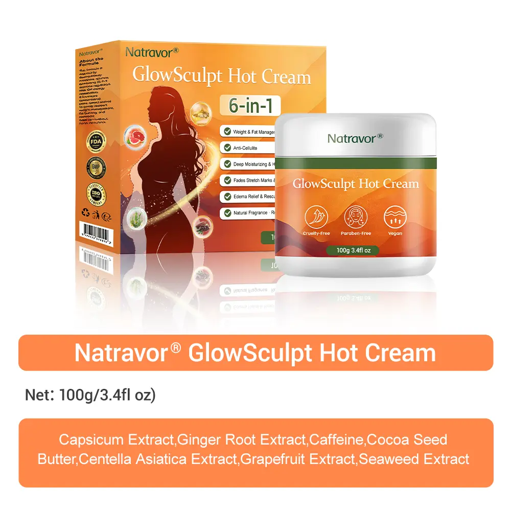 NATRAVOR® GlowSculpt Hot Cream Weight Fat Management, Anti-Cellulite, Edema Rescue, Stretch Mark Fading, Deep Hydration Relaxing Aroma - 100 Natural Ingredients
