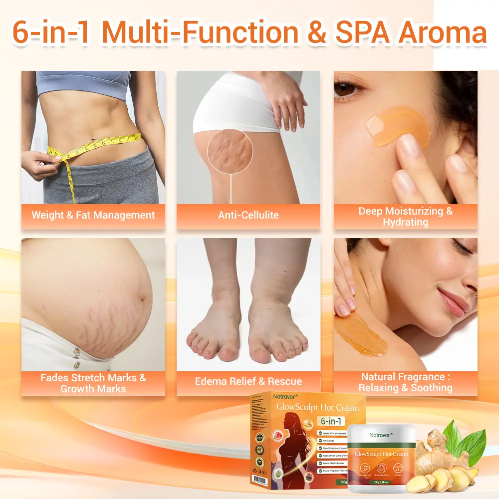 NATRAVOR® GlowSculpt Hot Cream Weight Fat Management, Anti-Cellulite, Edema Rescue, Stretch Mark Fading, Deep Hydration Relaxing Aroma - 100 Natural Ingredients